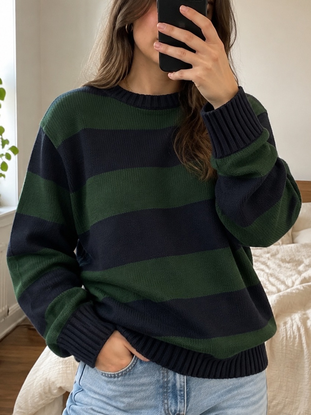 Brandy Melville Navy & Green Wide-Striped Crewneck Sweater